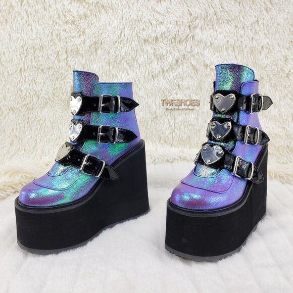 Swing 105 Hologram Heart Plate Platform Punk Goth Ankle Boots - Picture 7 of 13